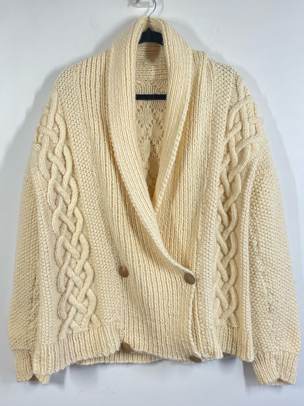 Vintage Aran Cable Knit Cardigan Cream Shawl Collar Fisherman Coastal Grandpa